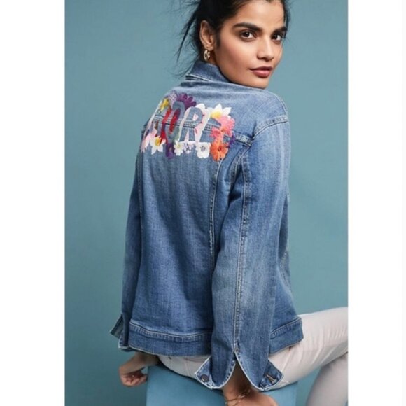 Anthropologie Pilcro Embroidered Floral Denim Jacket Size XS Boho Travel Amore - Picture 2 of 14